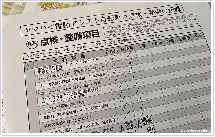 ヤマハ＜電動アシスト自転車＞点検･整備の記録