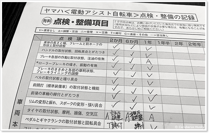 ヤマハ＜電動アシスト自転車＞点検･整備の記録